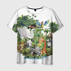 Мужская футболка 3D с принтом Веселые джунгли в Санкт-Петербурге, 100% полиэфир | прямой крой, круглый вырез горловины, длина до линии бедер | Тематика изображения на принте: животные | зоо | новинки | пальма | парк | яркие