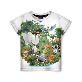 Детская футболка 3D с принтом Веселые джунгли в Санкт-Петербурге, 100% гипоаллергенный полиэфир | прямой крой, круглый вырез горловины, длина до линии бедер, чуть спущенное плечо, ткань немного тянется | животные | зоо | новинки | пальма | парк | яркие