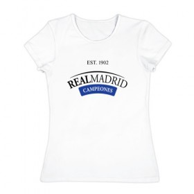 Женская футболка хлопок с принтом realmadrid в Санкт-Петербурге, 100% хлопок | прямой крой, круглый вырез горловины, длина до линии бедер, слегка спущенное плечо | 