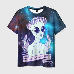 Мужская футболка 3D с принтом cute alien в Санкт-Петербурге, 100% полиэфир | прямой крой, круглый вырез горловины, длина до линии бедер | alien. нло | cosmos | cute | sky | tmblr | tumbler | инопланетянин | космос | мило