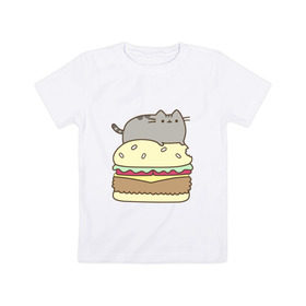 Детская футболка хлопок с принтом Котик с бургером в Санкт-Петербурге, 100% хлопок | круглый вырез горловины, полуприлегающий силуэт, длина до линии бедер | Тематика изображения на принте: бургер | еда | животные | кот