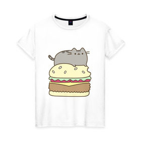 Женская футболка хлопок с принтом Котик с бургером в Санкт-Петербурге, 100% хлопок | прямой крой, круглый вырез горловины, длина до линии бедер, слегка спущенное плечо | бургер | еда | животные | кот