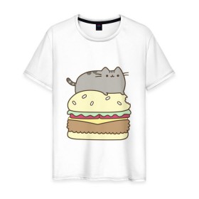 Мужская футболка хлопок с принтом Котик с бургером в Санкт-Петербурге, 100% хлопок | прямой крой, круглый вырез горловины, длина до линии бедер, слегка спущенное плечо. | Тематика изображения на принте: бургер | еда | животные | кот