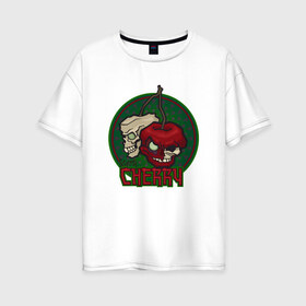 Женская футболка хлопок Oversize с принтом ЗомбиВишня в Санкт-Петербурге, 100% хлопок | свободный крой, круглый ворот, спущенный рукав, длина до линии бедер
 | арт | веган | вишня | зомби | мультик | овощи | хэллоуин | череп