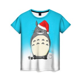Женская футболка 3D с принтом Тоторо под снегом в Санкт-Петербурге, 100% полиэфир ( синтетическое хлопкоподобное полотно) | прямой крой, круглый вырез горловины, длина до линии бедер | Тематика изображения на принте: totoro | аниме | новогодние аниме | новый год | рождественские аниме | тоторо