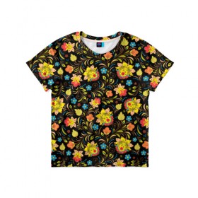 Детская футболка 3D с принтом Хохлома в Санкт-Петербурге, 100% гипоаллергенный полиэфир | прямой крой, круглый вырез горловины, длина до линии бедер, чуть спущенное плечо, ткань немного тянется | голубые | девушкам | желтые | красные | цветы