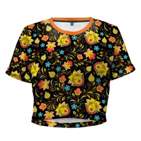 Женская футболка 3D укороченная с принтом Хохлома в Санкт-Петербурге, 100% полиэстер | круглая горловина, длина футболки до линии талии, рукава с отворотами | голубые | девушкам | желтые | красные | цветы