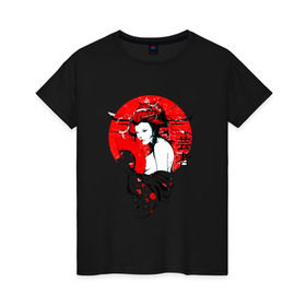 Женская футболка хлопок с принтом Гейша в Санкт-Петербурге, 100% хлопок | прямой крой, круглый вырез горловины, длина до линии бедер, слегка спущенное плечо | 3d | народные | прикольные | сакура | цветы | этнические | япония