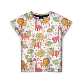 Детская футболка 3D с принтом Детские рисунки в Санкт-Петербурге, 100% гипоаллергенный полиэфир | прямой крой, круглый вырез горловины, длина до линии бедер, чуть спущенное плечо, ткань немного тянется | дети | животные | жираф | лев | птица | рисунок | слон | фауна | черепаха