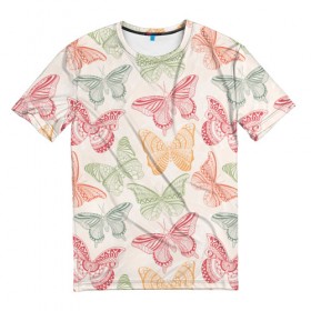 Мужская футболка 3D с принтом Узор из бабочек в Санкт-Петербурге, 100% полиэфир | прямой крой, круглый вырез горловины, длина до линии бедер | акварель | бабочка | весна | мозаика | насекомые | рисунок | трайбл | узор | этно