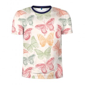Мужская футболка 3D спортивная с принтом Узор из бабочек в Санкт-Петербурге, 100% полиэстер с улучшенными характеристиками | приталенный силуэт, круглая горловина, широкие плечи, сужается к линии бедра | акварель | бабочка | весна | мозаика | насекомые | рисунок | трайбл | узор | этно