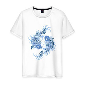 Мужская футболка хлопок с принтом Японские карпы Кои в Санкт-Петербурге, 100% хлопок | прямой крой, круглый вырез горловины, длина до линии бедер, слегка спущенное плечо. | Тематика изображения на принте: вода | зодиак | карп | кои | рыба | япония