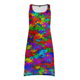 Платье-майка 3D с принтом Радужный камуфляж в Санкт-Петербурге, 100% полиэстер | полуприлегающий силуэт, широкие бретели, круглый вырез горловины, удлиненный подол сзади. | dye | tie | tie dye | краска | милитари | радуга | тай дай | текстура | цвет