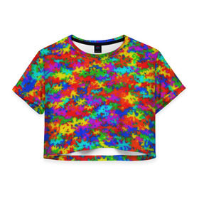 Женская футболка 3D укороченная с принтом Радужный камуфляж в Санкт-Петербурге, 100% полиэстер | круглая горловина, длина футболки до линии талии, рукава с отворотами | dye | tie | tie dye | краска | милитари | радуга | тай дай | текстура | цвет