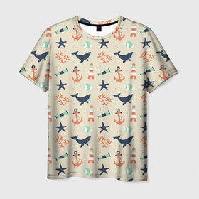 Мужская футболка 3D с принтом Морской узор в Санкт-Петербурге, 100% полиэфир | прямой крой, круглый вырез горловины, длина до линии бедер | Тематика изображения на принте: буй | вода | звезда | кит | коралл | маяк | мозаика | море | океан | песок | ракушка | узор | якорь