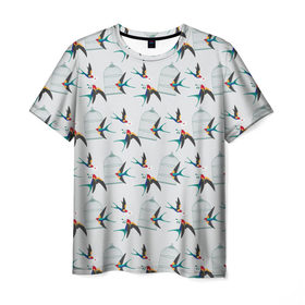 Мужская футболка 3D с принтом Ласточки в Санкт-Петербурге, 100% полиэфир | прямой крой, круглый вырез горловины, длина до линии бедер | весна | клетка | ласточка | мозаика | письмо | птица | узор