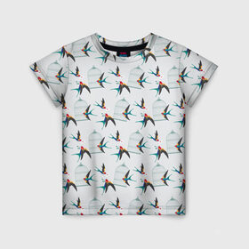 Детская футболка 3D с принтом Ласточки в Санкт-Петербурге, 100% гипоаллергенный полиэфир | прямой крой, круглый вырез горловины, длина до линии бедер, чуть спущенное плечо, ткань немного тянется | весна | клетка | ласточка | мозаика | письмо | птица | узор
