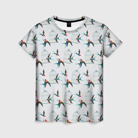 Женская футболка 3D с принтом Ласточки в Санкт-Петербурге, 100% полиэфир ( синтетическое хлопкоподобное полотно) | прямой крой, круглый вырез горловины, длина до линии бедер | весна | клетка | ласточка | мозаика | письмо | птица | узор