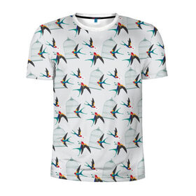 Мужская футболка 3D спортивная с принтом Ласточки в Санкт-Петербурге, 100% полиэстер с улучшенными характеристиками | приталенный силуэт, круглая горловина, широкие плечи, сужается к линии бедра | весна | клетка | ласточка | мозаика | письмо | птица | узор