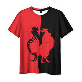 Мужская футболка 3D с принтом черное и красное в Санкт-Петербурге, 100% полиэфир | прямой крой, круглый вырез горловины, длина до линии бедер | 2017 | new year | год | новогодний | новый | огненный | петух | петушок | с новым годом
