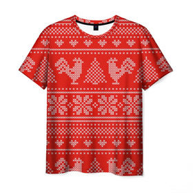 Мужская футболка 3D с принтом Вязанный свитер с петухами в Санкт-Петербурге, 100% полиэфир | прямой крой, круглый вырез горловины, длина до линии бедер | 2017 | new year | год | новогодний | новый | огненный | петух | петушок | с новым годом