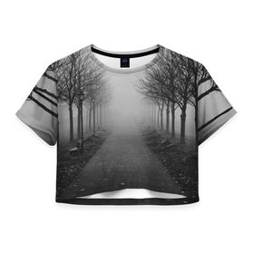 Женская футболка 3D укороченная с принтом Тропинка в Санкт-Петербурге, 100% полиэстер | круглая горловина, длина футболки до линии талии, рукава с отворотами | Тематика изображения на принте: деревья | дорожка | природа | тропинка | туман