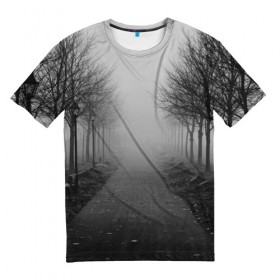 Мужская футболка 3D с принтом Тропинка в Санкт-Петербурге, 100% полиэфир | прямой крой, круглый вырез горловины, длина до линии бедер | деревья | дорожка | природа | тропинка | туман