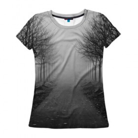 Женская футболка 3D с принтом Тропинка в Санкт-Петербурге, 100% полиэфир ( синтетическое хлопкоподобное полотно) | прямой крой, круглый вырез горловины, длина до линии бедер | деревья | дорожка | природа | тропинка | туман