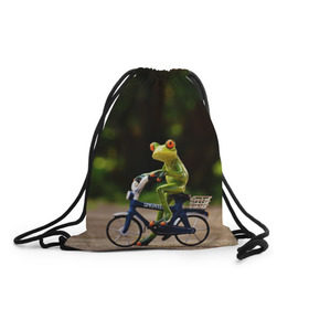 Рюкзак-мешок 3D с принтом Лягушка в Санкт-Петербурге, 100% полиэстер | плотность ткани — 200 г/м2, размер — 35 х 45 см; лямки — толстые шнурки, застежка на шнуровке, без карманов и подкладки | велосипед | жаба | животные | лягушка | мини | фигурка