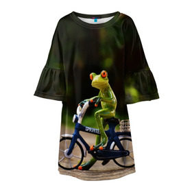 Детское платье 3D с принтом Лягушка в Санкт-Петербурге, 100% полиэстер | прямой силуэт, чуть расширенный к низу. Круглая горловина, на рукавах — воланы | велосипед | жаба | животные | лягушка | мини | фигурка