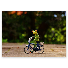 Поздравительная открытка с принтом Лягушка в Санкт-Петербурге, 100% бумага | плотность бумаги 280 г/м2, матовая, на обратной стороне линовка и место для марки
 | велосипед | жаба | животные | лягушка | мини | фигурка