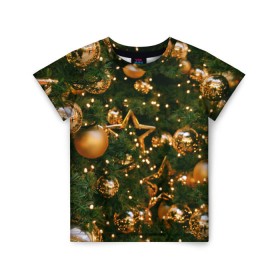 Детская футболка 3D с принтом Праздничные шары в Санкт-Петербурге, 100% гипоаллергенный полиэфир | прямой крой, круглый вырез горловины, длина до линии бедер, чуть спущенное плечо, ткань немного тянется | Тематика изображения на принте: елка | елочные | звезды | золото | игрушки | хвоя | шары