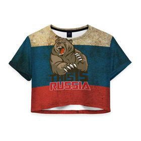 Женская футболка 3D укороченная с принтом This is Russia в Санкт-Петербурге, 100% полиэстер | круглая горловина, длина футболки до линии талии, рукава с отворотами | медведь | мишка | патриот | патриотизм | россия | руский | рф | страна | ярусский