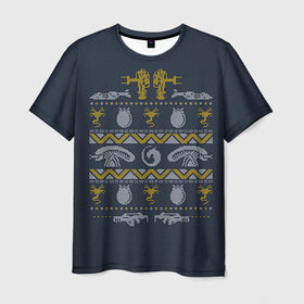 Мужская футболка 3D с принтом Новогодний свитер Чужой в Санкт-Петербурге, 100% полиэфир | прямой крой, круглый вырез горловины, длина до линии бедер | alien | new year | новогодний