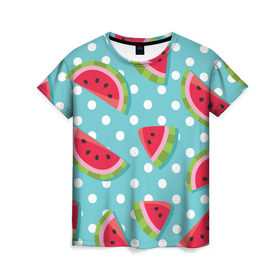 Женская футболка 3D с принтом Арбузный рай в Санкт-Петербурге, 100% полиэфир ( синтетическое хлопкоподобное полотно) | прямой крой, круглый вырез горловины, длина до линии бедер | berry | eat | fruit | pattern | sweet | watermelon | арбуз | еда | сладость | узор | фрукт | ягода