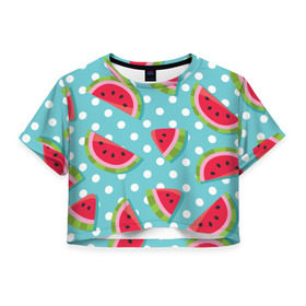 Женская футболка 3D укороченная с принтом Арбузный рай в Санкт-Петербурге, 100% полиэстер | круглая горловина, длина футболки до линии талии, рукава с отворотами | berry | eat | fruit | pattern | sweet | watermelon | арбуз | еда | сладость | узор | фрукт | ягода