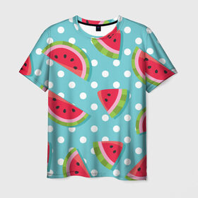 Мужская футболка 3D с принтом Арбузный рай в Санкт-Петербурге, 100% полиэфир | прямой крой, круглый вырез горловины, длина до линии бедер | Тематика изображения на принте: berry | eat | fruit | pattern | sweet | watermelon | арбуз | еда | сладость | узор | фрукт | ягода