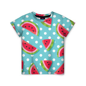 Детская футболка 3D с принтом Арбузный рай в Санкт-Петербурге, 100% гипоаллергенный полиэфир | прямой крой, круглый вырез горловины, длина до линии бедер, чуть спущенное плечо, ткань немного тянется | berry | eat | fruit | pattern | sweet | watermelon | арбуз | еда | сладость | узор | фрукт | ягода