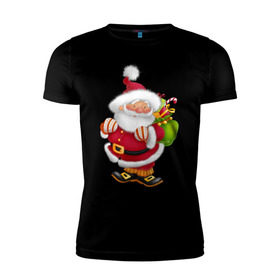 Мужская футболка премиум с принтом Дед мороз с подарками в Санкт-Петербурге, 92% хлопок, 8% лайкра | приталенный силуэт, круглый вырез ворота, длина до линии бедра, короткий рукав | дед мороз | новогодний | рождество | санта клаус