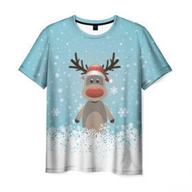 Мужская футболка 3D с принтом Рудольф в Санкт-Петербурге, 100% полиэфир | прямой крой, круглый вырез горловины, длина до линии бедер | ангел | ёлка | ель | зима | колокольчик | нг | новый год | олень | рождество | санта | снег