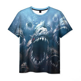 Мужская футболка 3D с принтом Голодные пираньи в Санкт-Петербурге, 100% полиэфир | прямой крой, круглый вырез горловины, длина до линии бедер | еда | зубы | клыки | кровь | людоед | монстр | пираньи | пиранья | рыбы | ужас | хищник | челюсти | чудовище