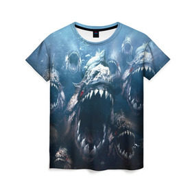 Женская футболка 3D с принтом Голодные пираньи в Санкт-Петербурге, 100% полиэфир ( синтетическое хлопкоподобное полотно) | прямой крой, круглый вырез горловины, длина до линии бедер | еда | зубы | клыки | кровь | людоед | монстр | пираньи | пиранья | рыбы | ужас | хищник | челюсти | чудовище