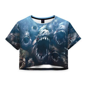 Женская футболка 3D укороченная с принтом Голодные пираньи в Санкт-Петербурге, 100% полиэстер | круглая горловина, длина футболки до линии талии, рукава с отворотами | Тематика изображения на принте: еда | зубы | клыки | кровь | людоед | монстр | пираньи | пиранья | рыбы | ужас | хищник | челюсти | чудовище