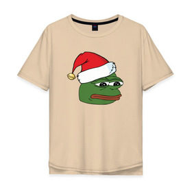 Мужская футболка хлопок Oversize с принтом New year sad frog в Санкт-Петербурге, 100% хлопок | свободный крой, круглый ворот, “спинка” длиннее передней части | Тематика изображения на принте: pepe | новогодний | пепе | шапка