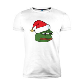 Мужская футболка премиум с принтом New year sad frog в Санкт-Петербурге, 92% хлопок, 8% лайкра | приталенный силуэт, круглый вырез ворота, длина до линии бедра, короткий рукав | pepe | новогодний | пепе | шапка