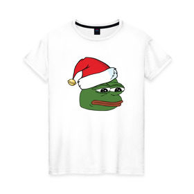 Женская футболка хлопок с принтом New year sad frog в Санкт-Петербурге, 100% хлопок | прямой крой, круглый вырез горловины, длина до линии бедер, слегка спущенное плечо | pepe | новогодний | пепе | шапка