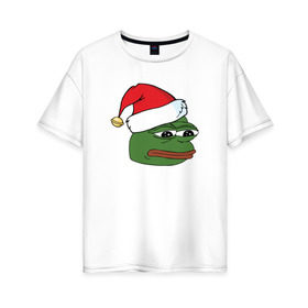 Женская футболка хлопок Oversize с принтом New year sad frog в Санкт-Петербурге, 100% хлопок | свободный крой, круглый ворот, спущенный рукав, длина до линии бедер
 | pepe | новогодний | пепе | шапка
