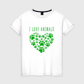 Женская футболка хлопок с принтом i love animals в Санкт-Петербурге, 100% хлопок | прямой крой, круглый вырез горловины, длина до линии бедер, слегка спущенное плечо | cat | арт | добро | животные | кот | котенок | котик | кошка | любовь | принт | рисунок | сердце