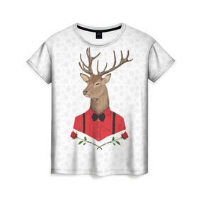 Женская футболка 3D с принтом Christmas Deer в Санкт-Петербурге, 100% полиэфир ( синтетическое хлопкоподобное полотно) | прямой крой, круглый вырез горловины, длина до линии бедер | new year | олень | рождество | роза | снег | узор