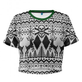 Женская футболка 3D укороченная с принтом Dead Christmas в Санкт-Петербурге, 100% полиэстер | круглая горловина, длина футболки до линии талии, рукава с отворотами | new year | олень | рождество | снег | узор | череп
